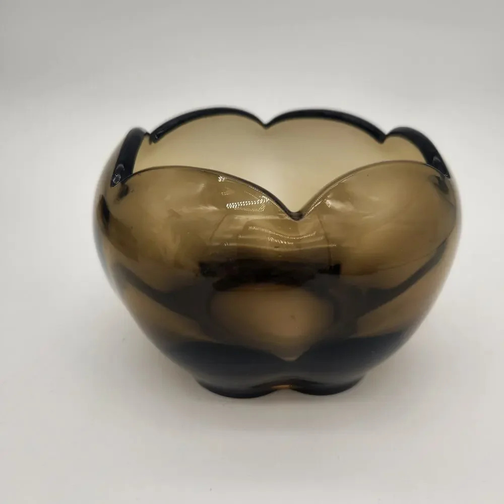 Rare Tiffin-Franciscan Canterbury Brown Glass Rose Bowl Scalloped Top And‎ Base